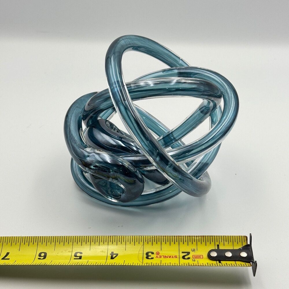 Art Glass Blue Teal Iridescent Endless Love Friendship Knot Paperweight - Picture 8 of 9